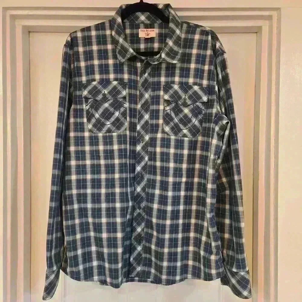 True Religion Mens Horseshoe Plaid Long Sleeve Button Down Shirt Green Size XL